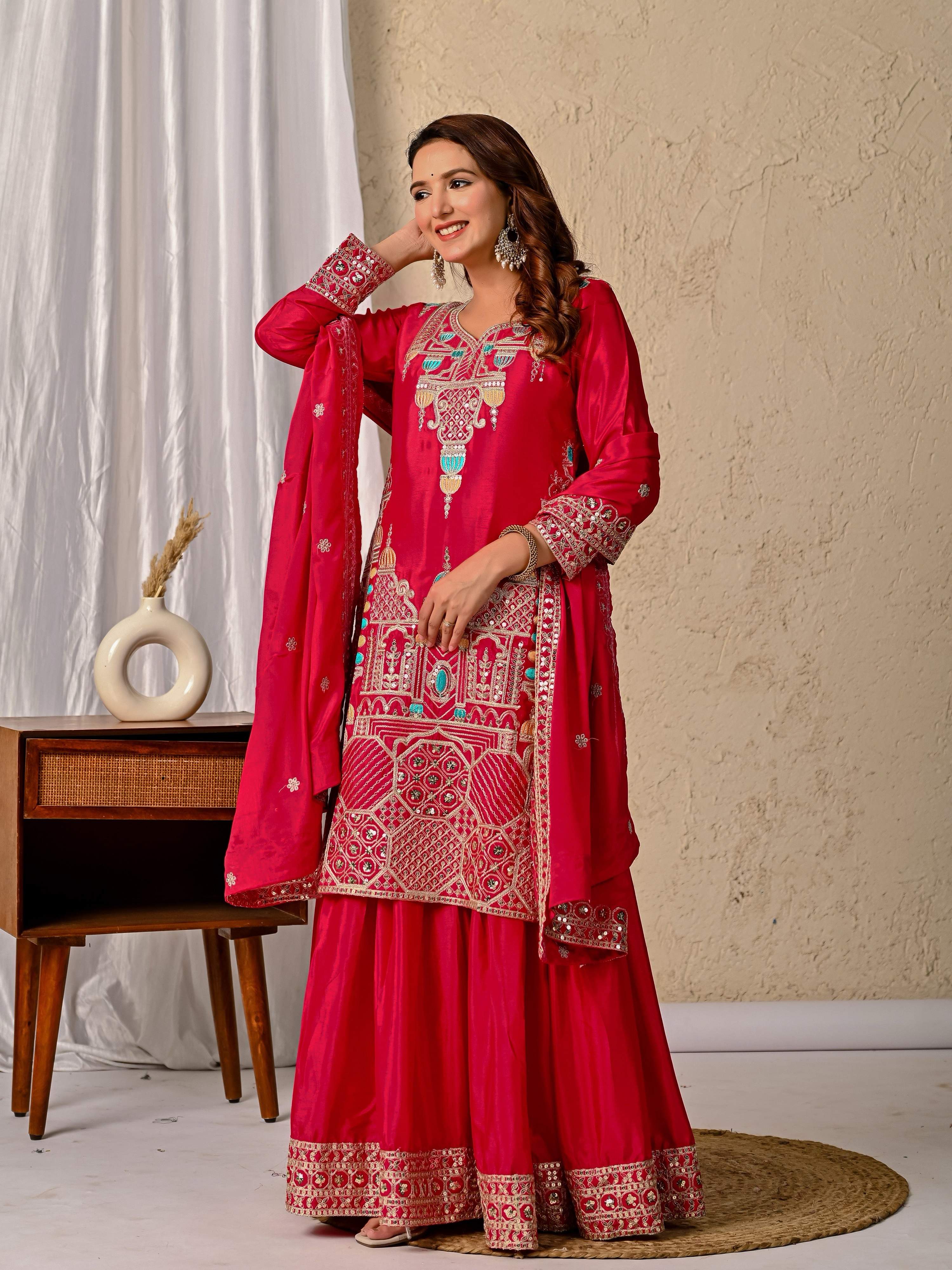 Yash Enterprise Red Chinnon Silk Embroidery Party Wear Suit Set