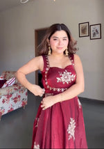 Thumbnail for Yash Enterprise Maroon Fandy Silk Party Wear Embroidery Suit Set - Distacart