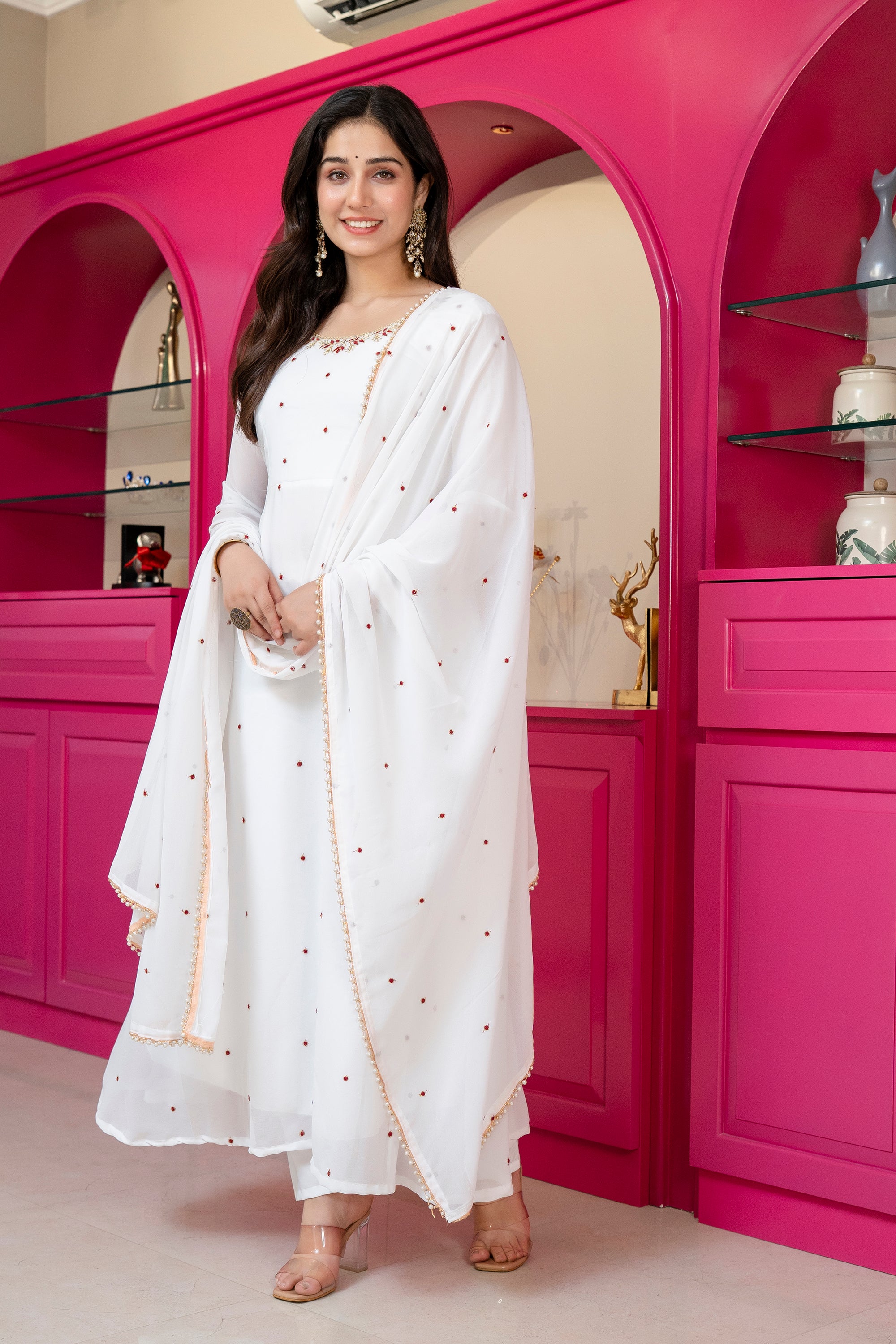 Yash Enterprise White Georgette Party Wear Embroidery Suit Set - Dista