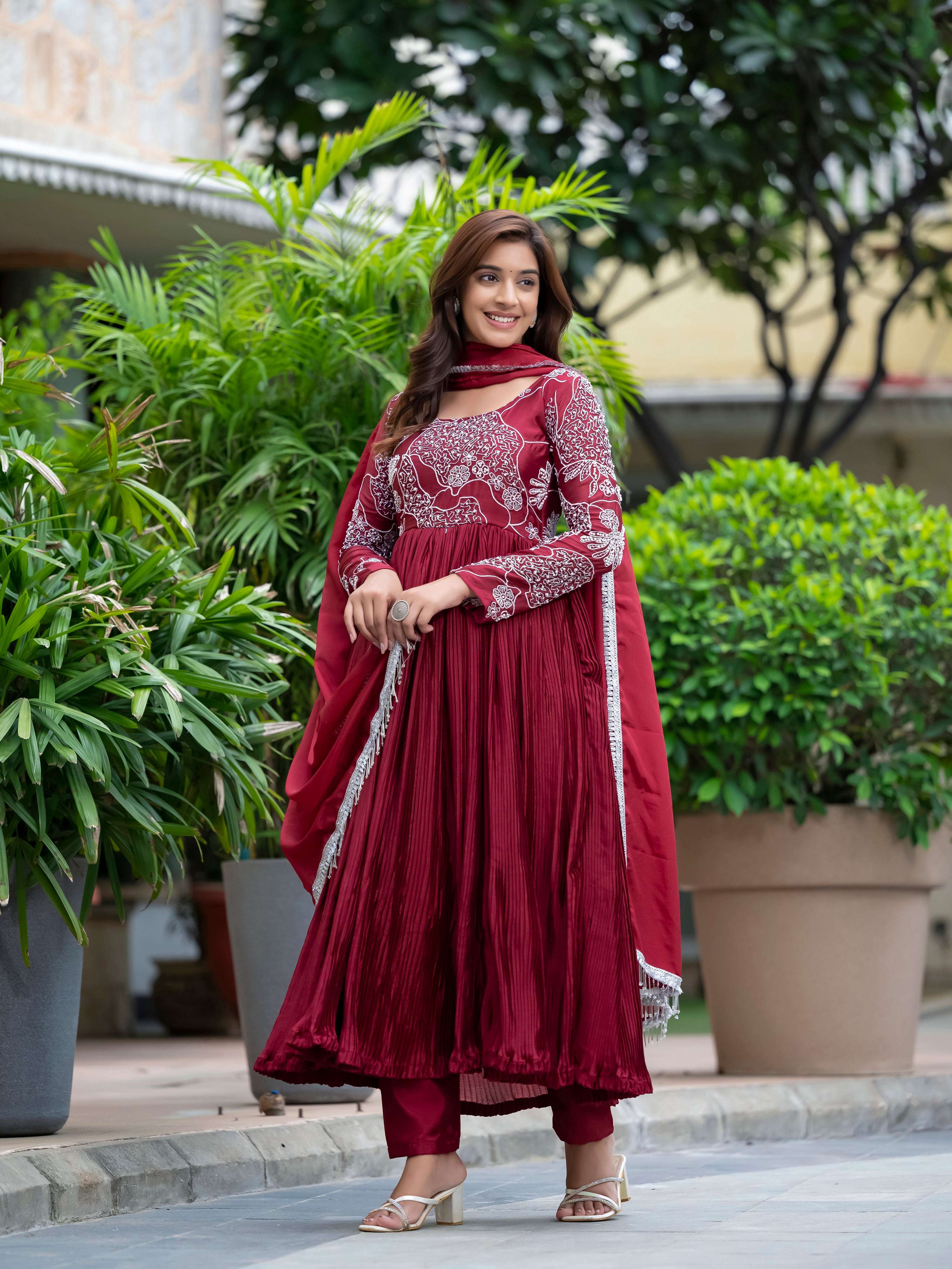 Yash Enterprise Maroon Chinon Silk Party Wear Embroidery Suit Set