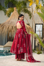 Thumbnail for Yash Enterprise Maroon Maslin Fabric Digital Print Work Anarkali Suit Set