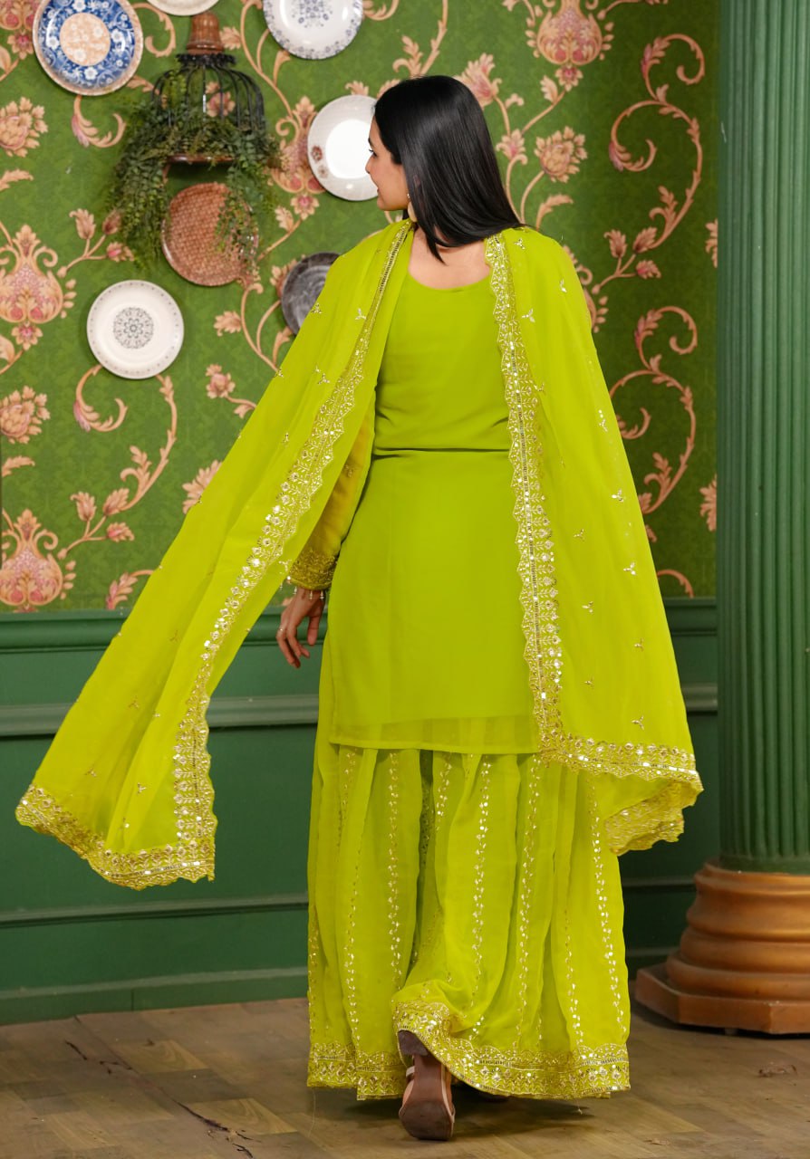 Yash Enterprise Green Georgette Party Wear Embroidery Party Wear Suit Set