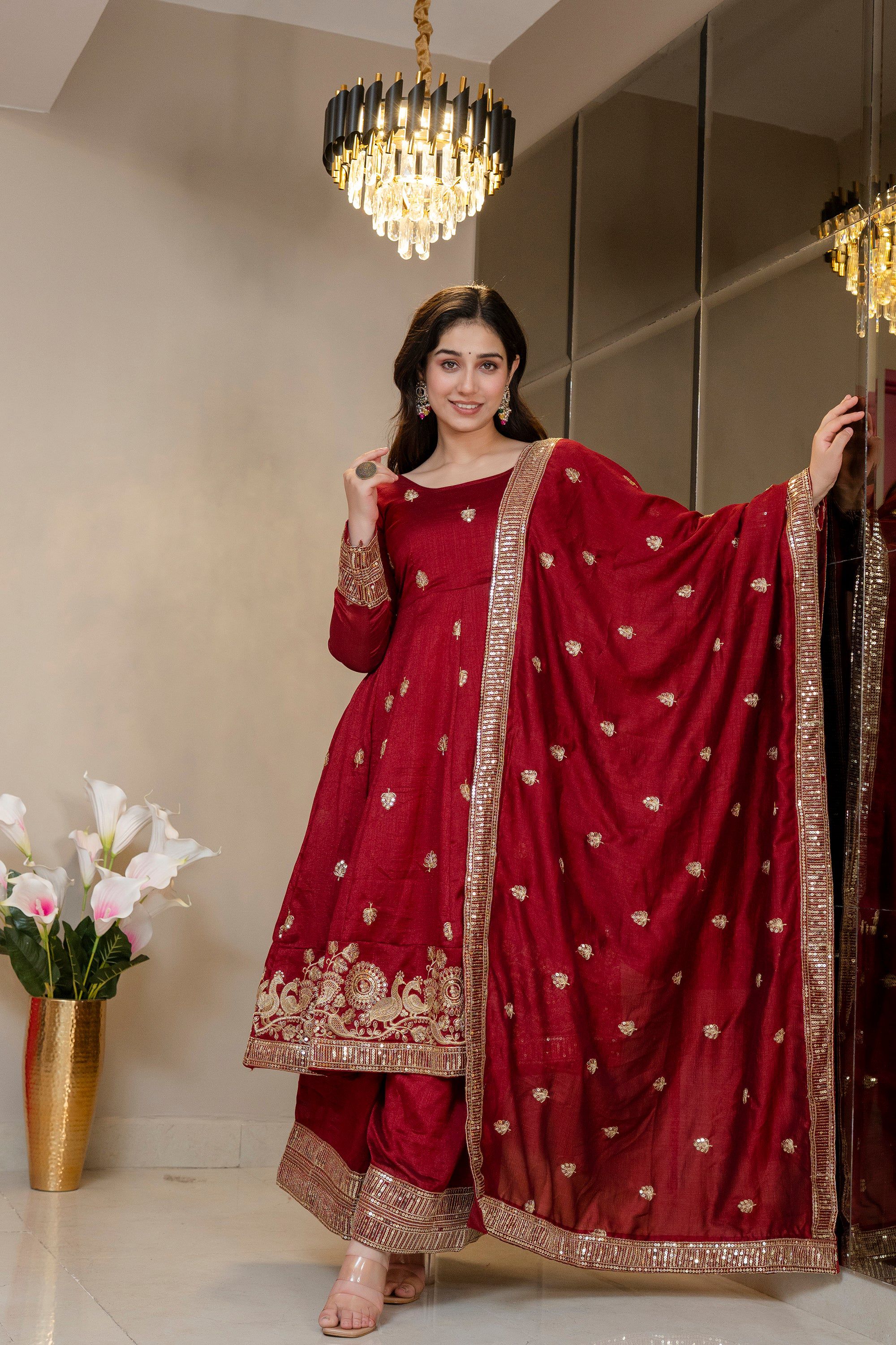 Yash Enterprise Maroon Simmar Silk Party Wear Embroidery Suit Set - Dista