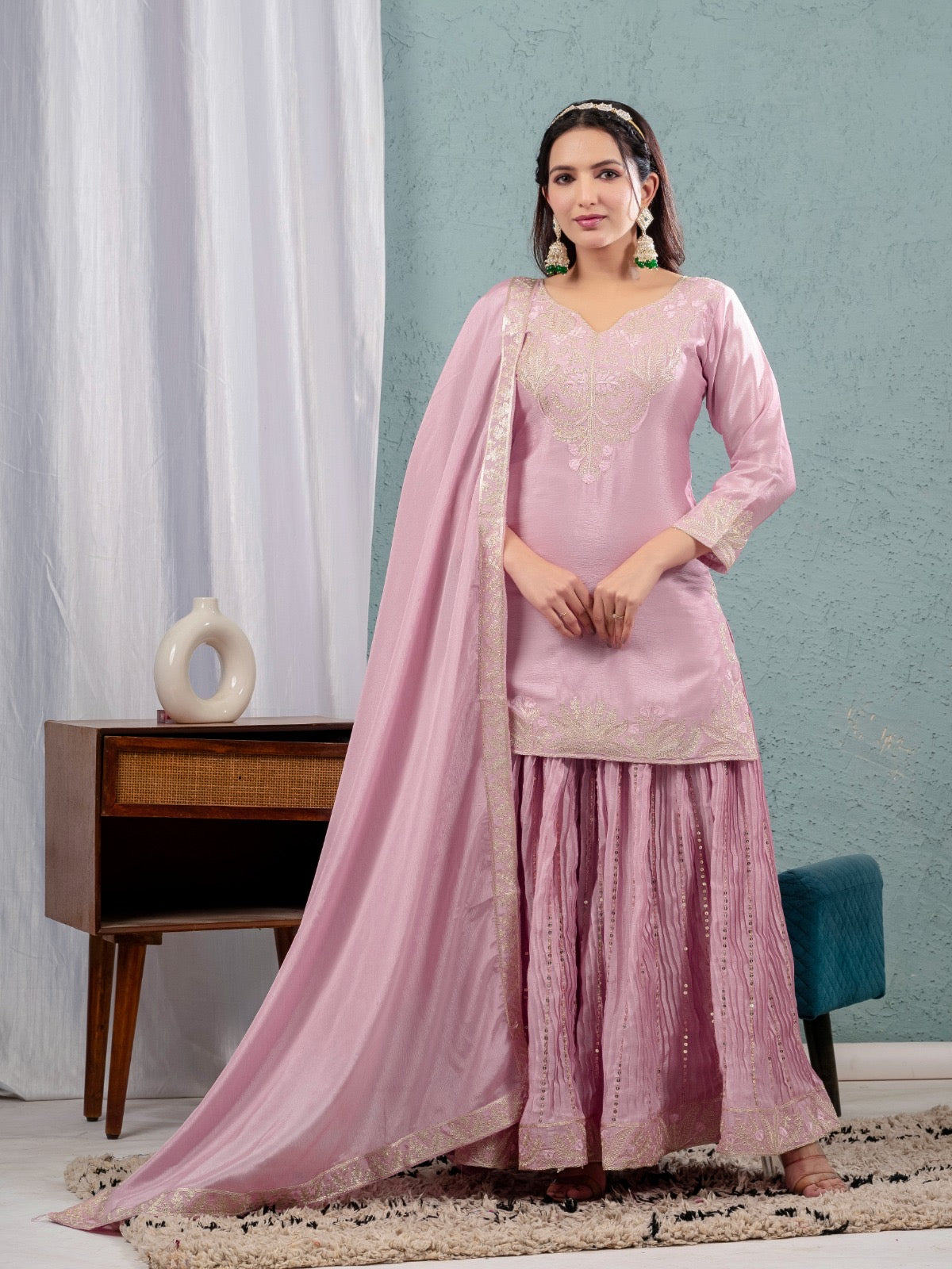 Yash Enterprise Pink Chinon Silk Embroidery Party Wear Suit Set