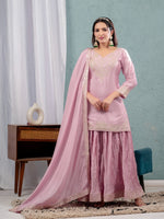 Thumbnail for Yash Enterprise Pink Chinon Silk Embroidery Party Wear Suit Set