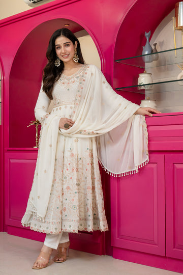 Yash Enterprise Off White Georgette Party Wear Anarkali Suit Set - Dista