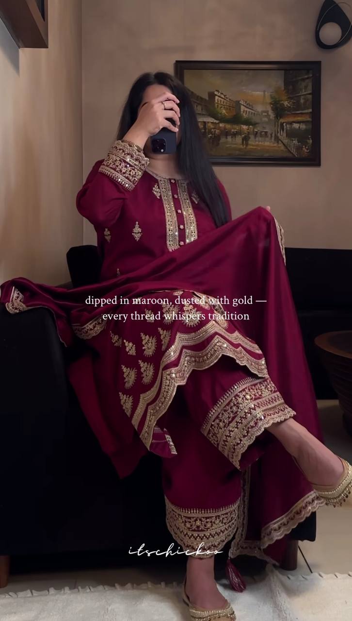 Yash Enterprise Maroon Crep Silk Emboidery Party Wear Suit Set