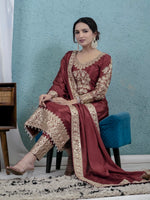 Thumbnail for Yash Enterprise Maroon Chinon Silk Party Wear Embroidery Suit Set