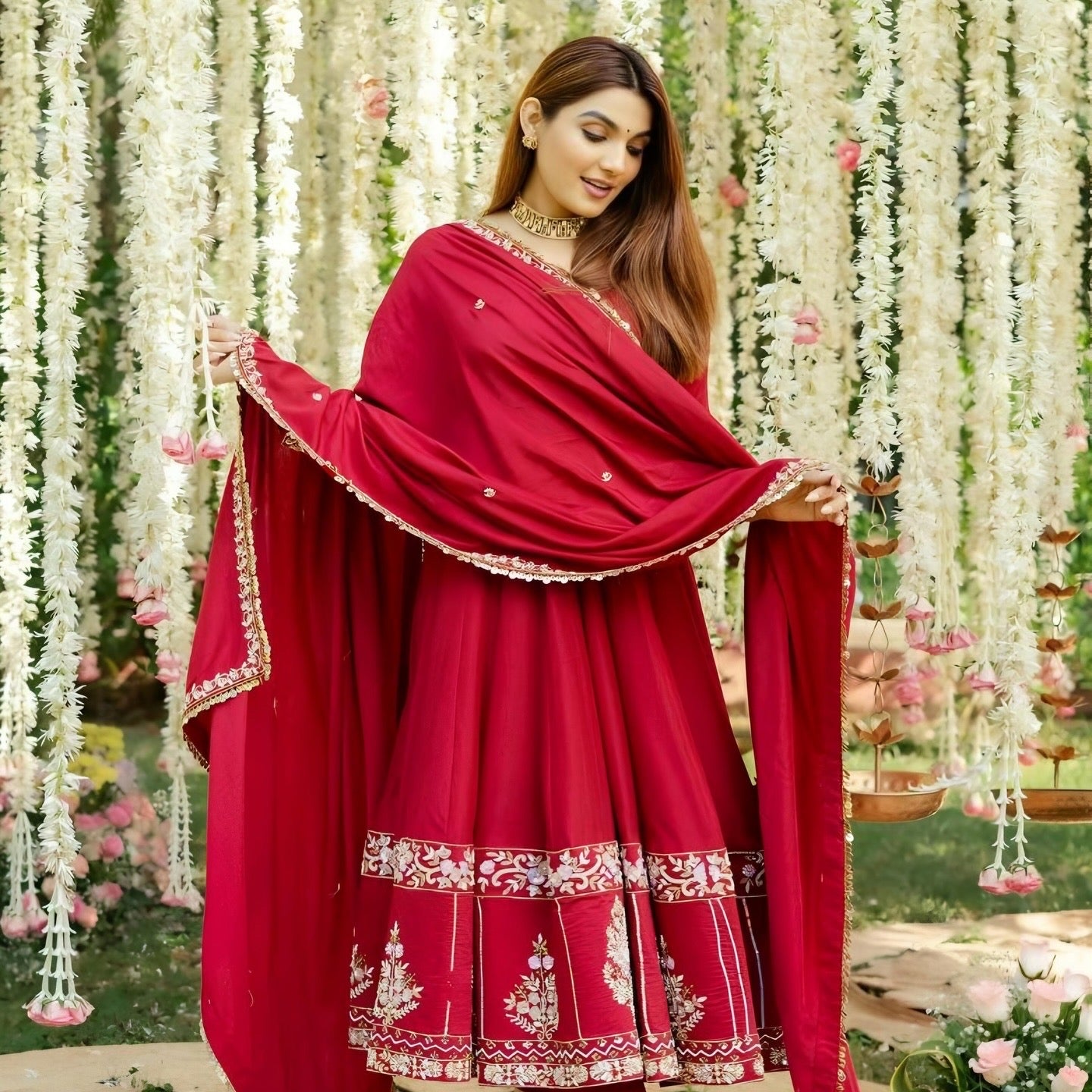 Yash Enterprise Red Roman Silk Embroidery Suit Set