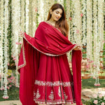 Thumbnail for Yash Enterprise Red Roman Silk Embroidery Suit Set