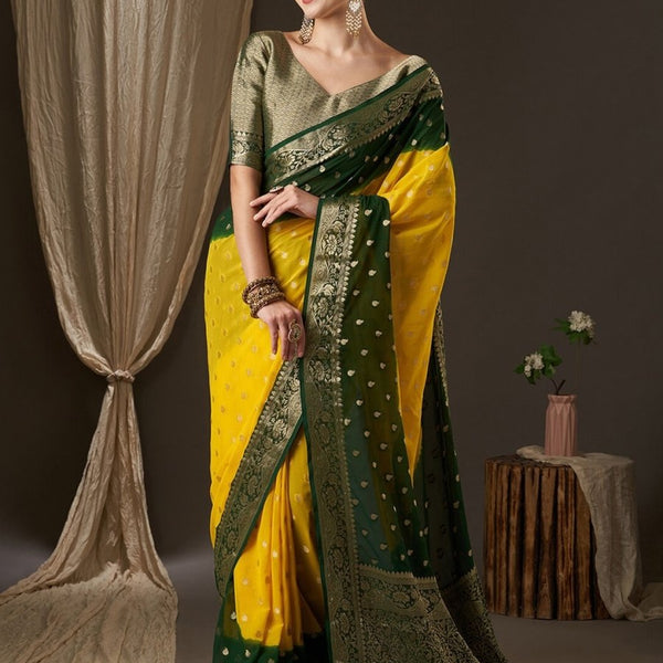 Anouk Yellow & Green Woven Design Zari Pure Georgette Kanjeevaram Saree - Distacart