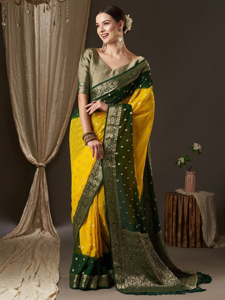Anouk Yellow & Green Woven Design Zari Pure Georgette Kanjeevaram Saree - Distacart