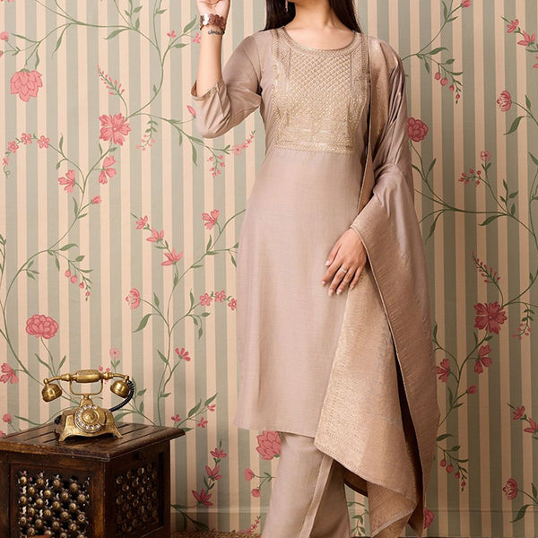 Ode by House of Pataudi Yoke Design Regular Thread Work Kurta with Trousers & With Dupatta - Distacart