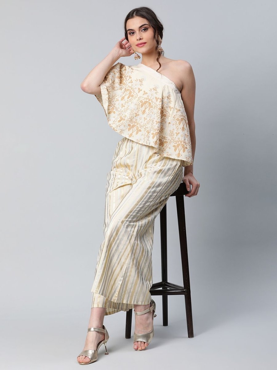 Ahalyaa Women Off White Crepe Floral Printed Top with Palazzos - Distacart