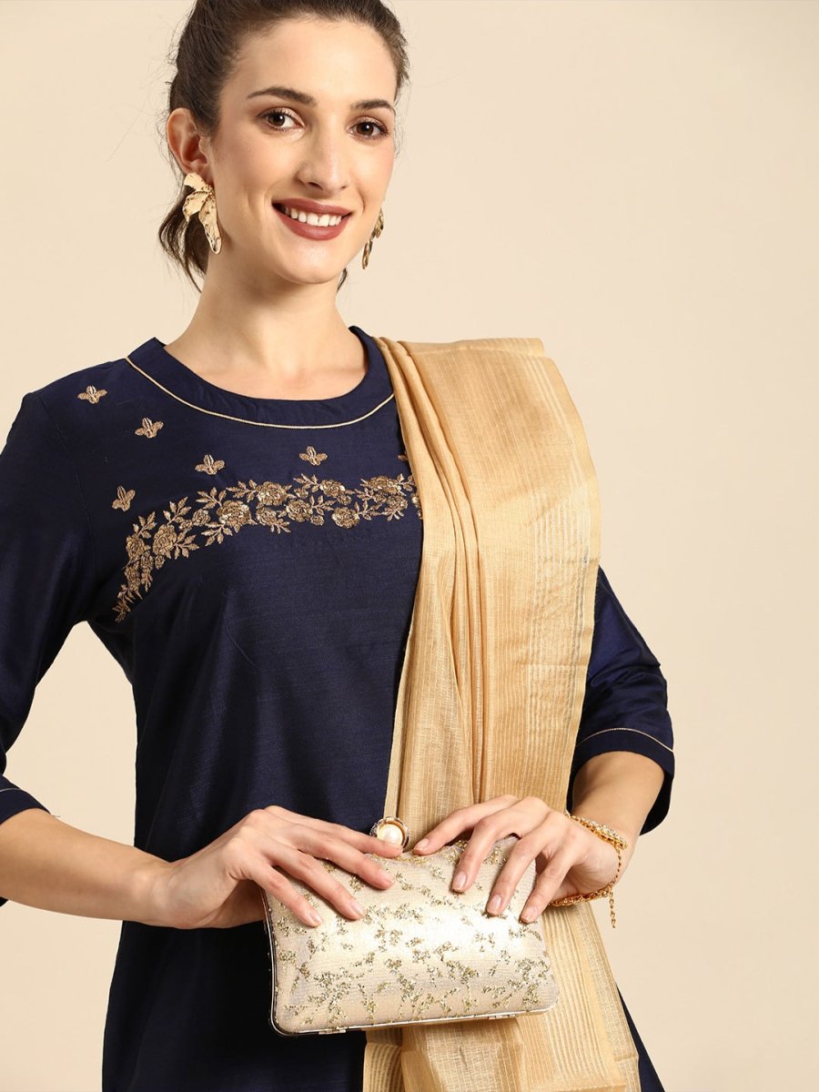 All About You Women Navy Blue Floral Thread Work Kurta with Trousers & With Dupatta - Distacart