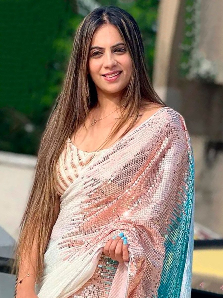 Anouk White & Rose Gold Embellished Sequinned Pure Georgette Saree - Distacart