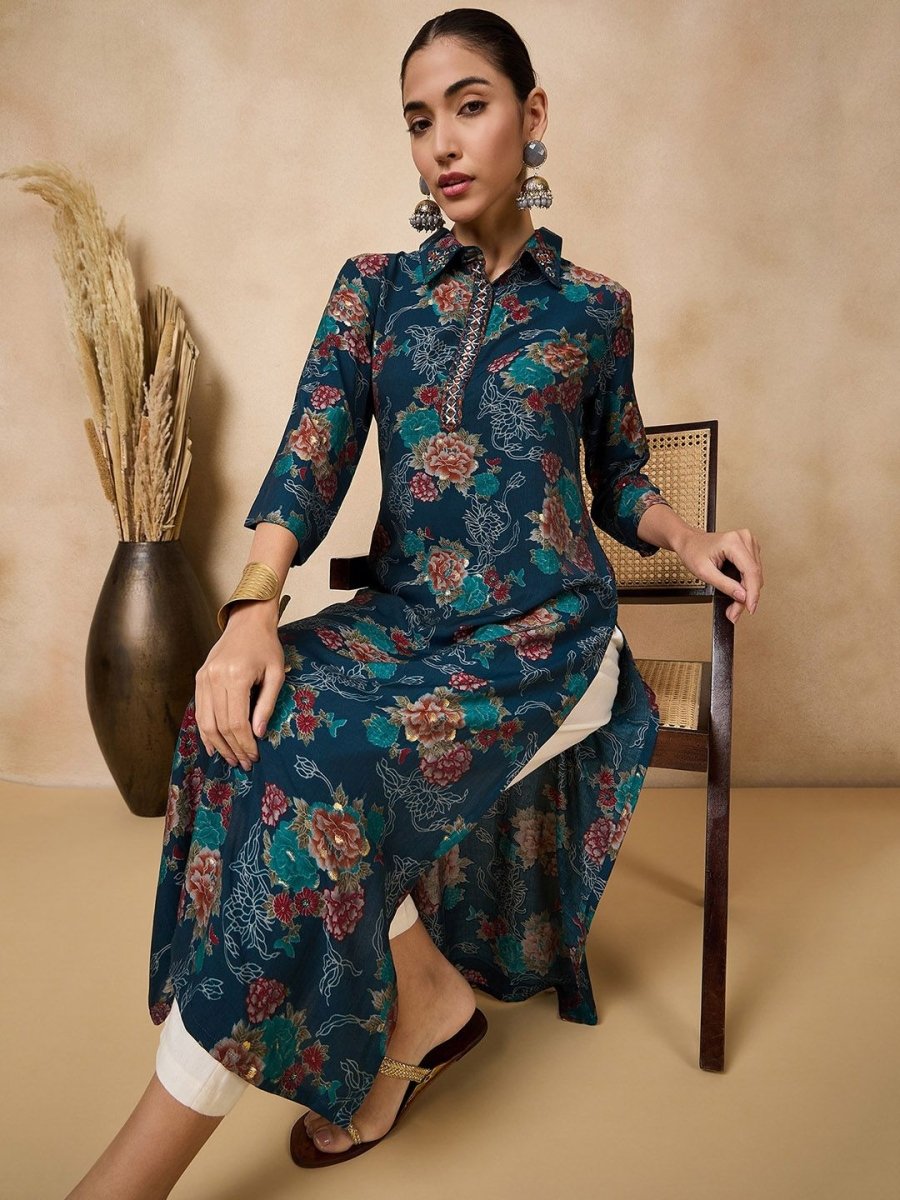 Anouk Floral Printed Mirror Work Straight Kurta