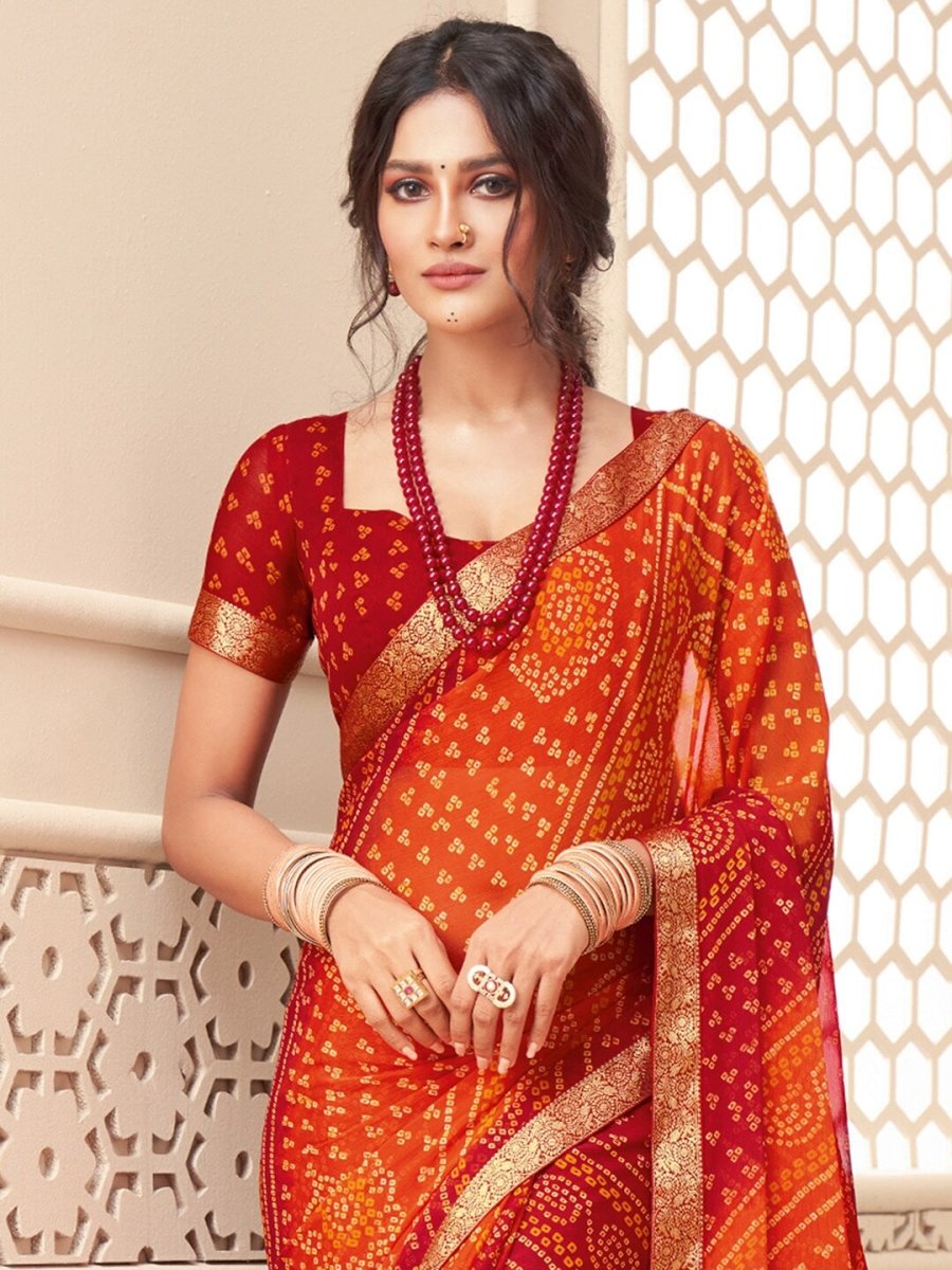 Anouk Orange & Red Printed Zari Pure Chiffon Bandhani Saree - Distacart