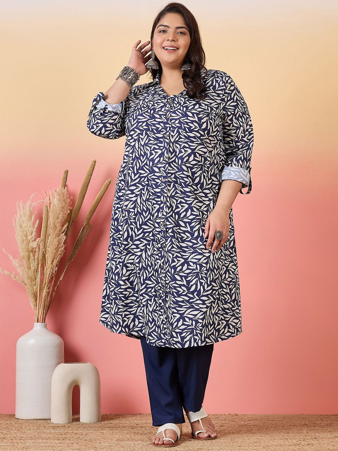 Sztori Plus Size Floral Printed Shirt Collar Roll-Up Sleeves Crepe Pathani Kurta - Distacart