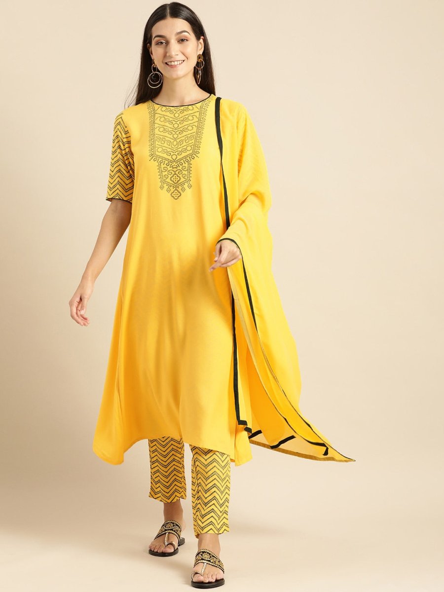 All About You Women Yellow Printed Kurta with Trousers & With Dupatta - Distacart