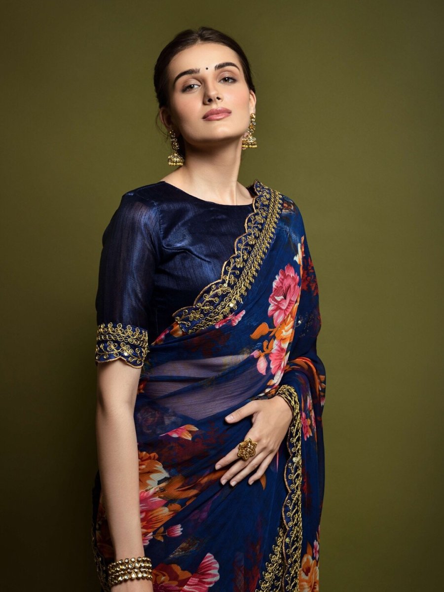 Anouk Navy Blue & Pink Floral Printed Embroidered Saree - Distacart