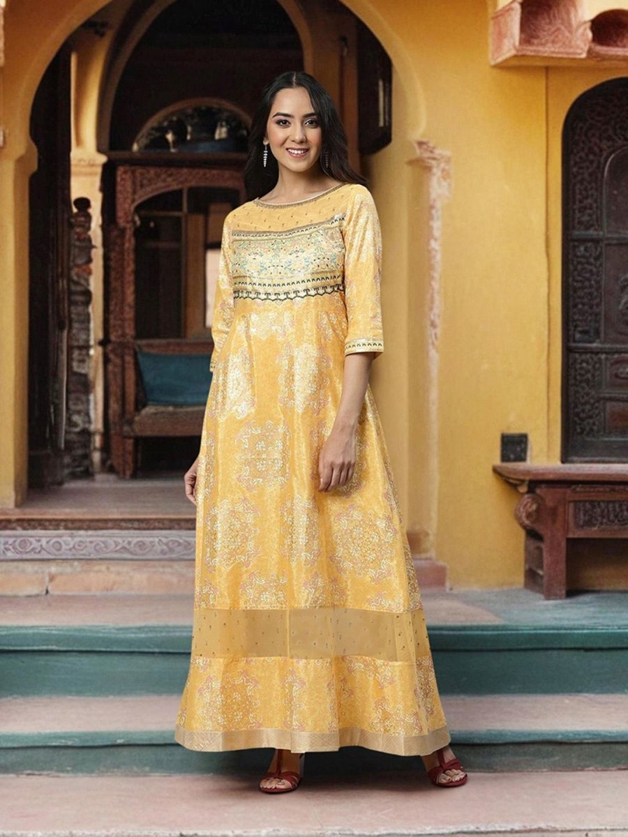 AURELIA Yellow Ethnic Motifs Satin Maxi Dress - Distacart
