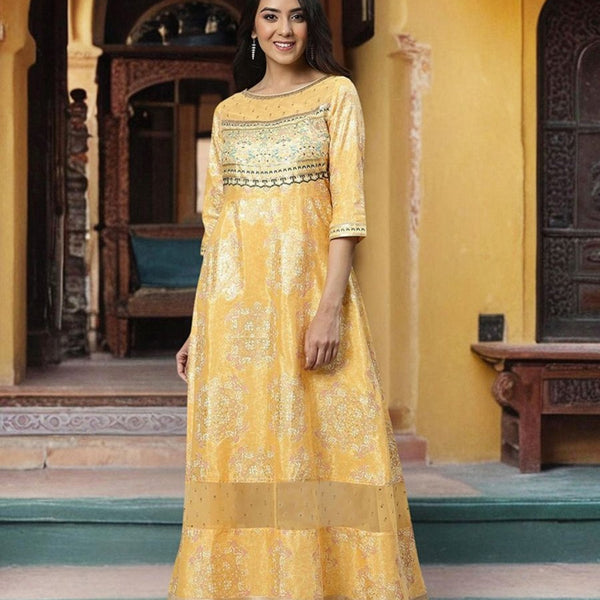 AURELIA Yellow Ethnic Motifs Satin Maxi Dress - Distacart