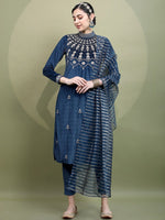 Thumbnail for Vishudh Women Teal Embroidered Knited Velvet Kurta with Trousers & Dupatta