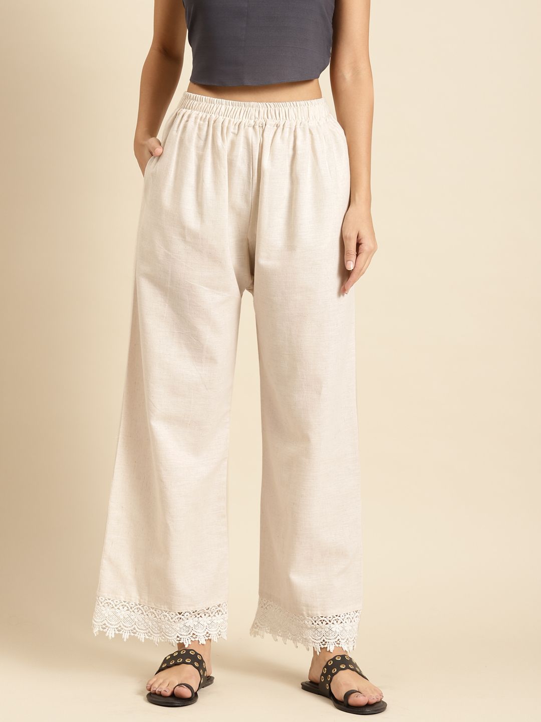 TAG 7 Women Off-White Solid Hem Design Straight Palazzos - Distacart