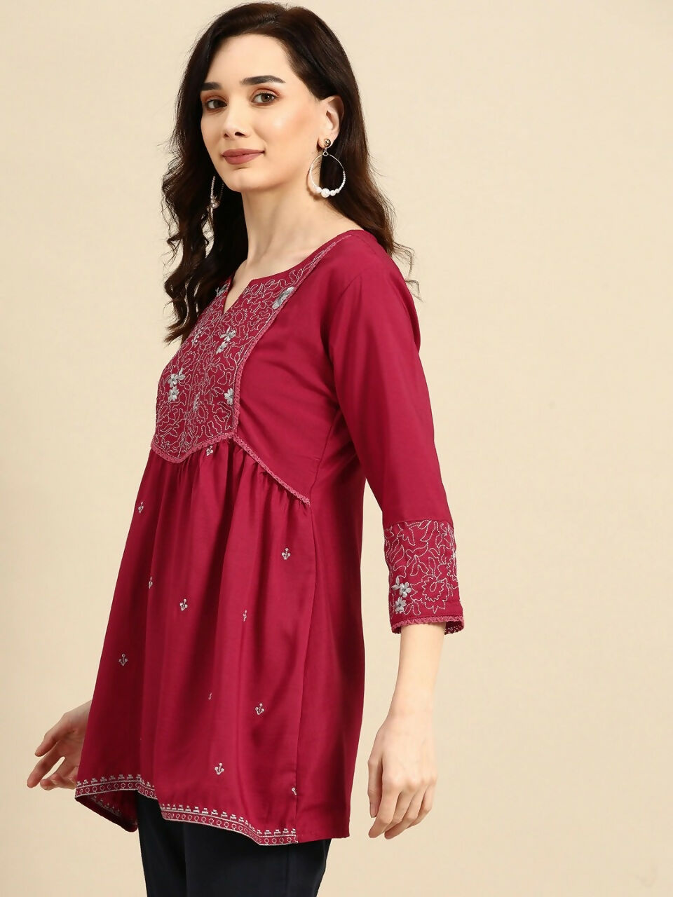 Women's Maroon Viscose blend Embroidered Short Top - Marina - Distacart
