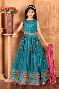 Thumbnail for Kids Functional Designer Firozi Chinon Fab Lehenga choli - Aaradhna