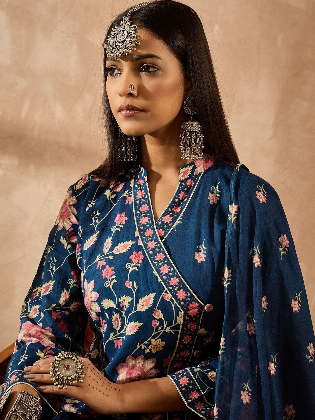 Indo Era Women Floral Printed Angrakha Beads and Stones Pure Cotton Kurta with Trousers & With Dupatta - Distacart