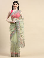 Thumbnail for kasee Floral Embroidered Zari Net Saree - Distacart