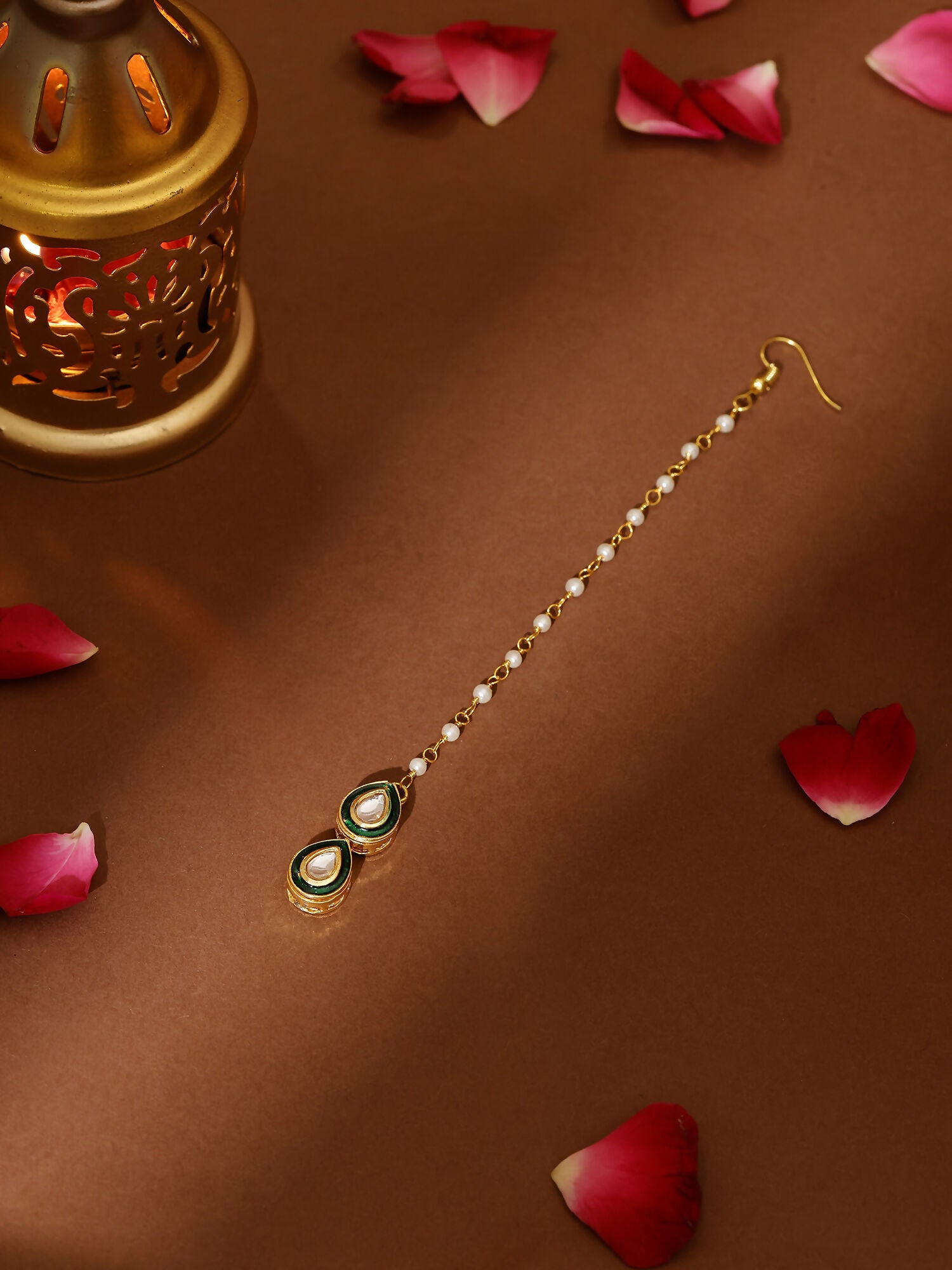 Ruby Raang Green Double Teardrop Kundan Maang Tikka with Meenakari