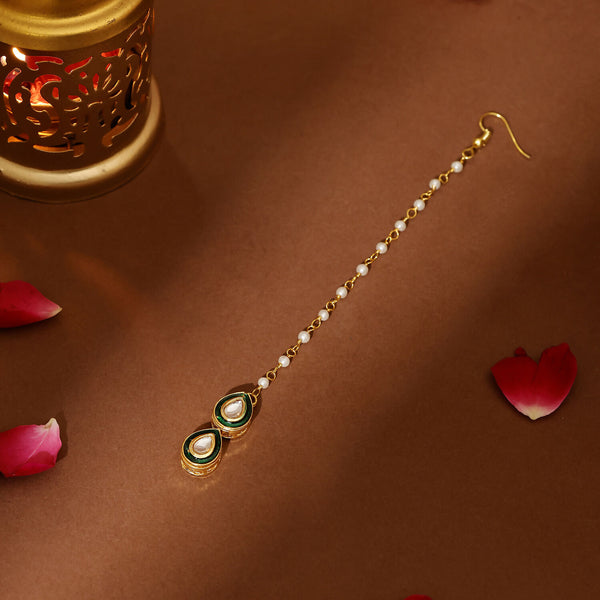 Ruby Raang Green Double Teardrop Kundan Maang Tikka with Meenakari