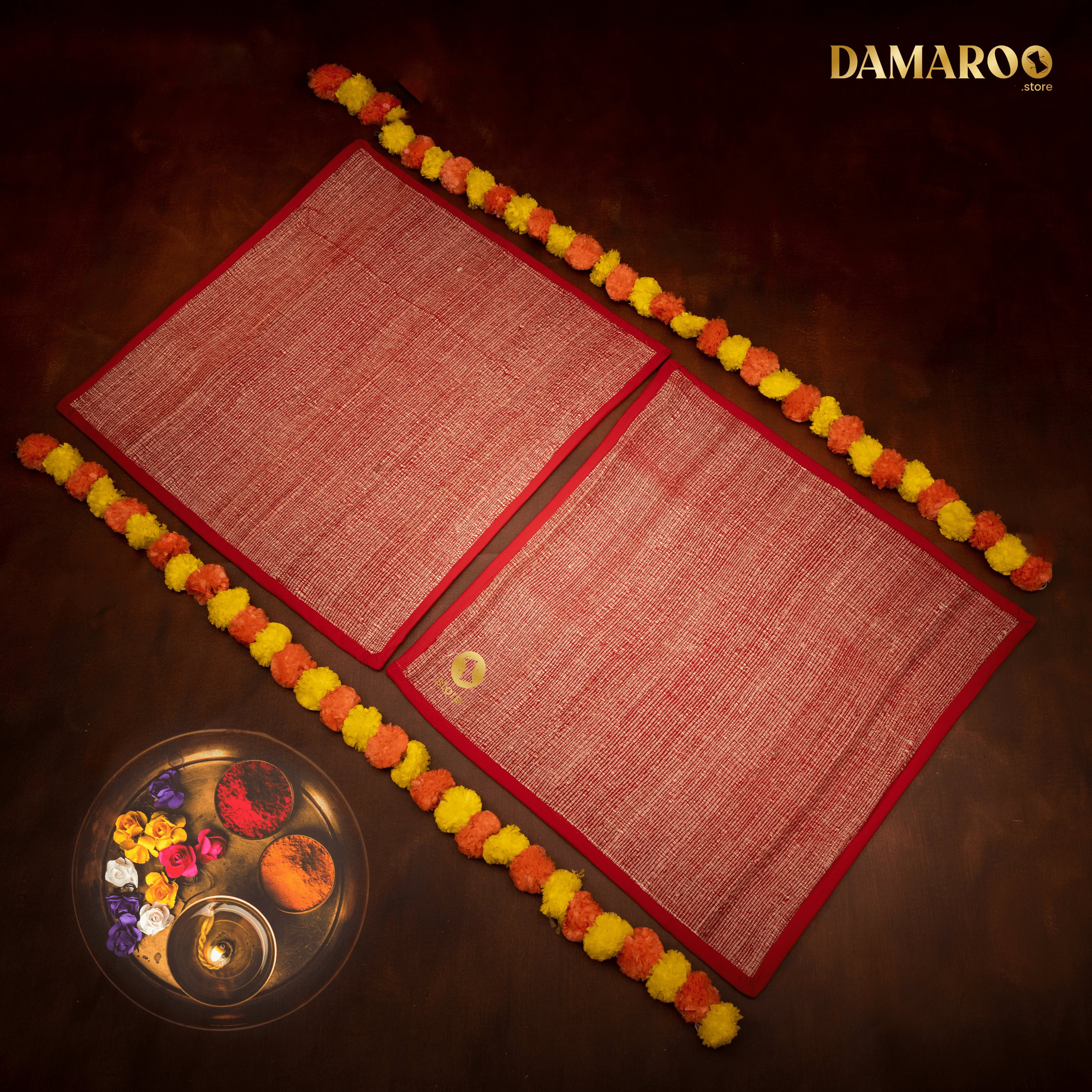 Damaroo Set of 2 | 2x2 ft | Haldi-Kumkum Anti Skid Banana Fiber Pooja Aasan - Kumkum Red - Distacart