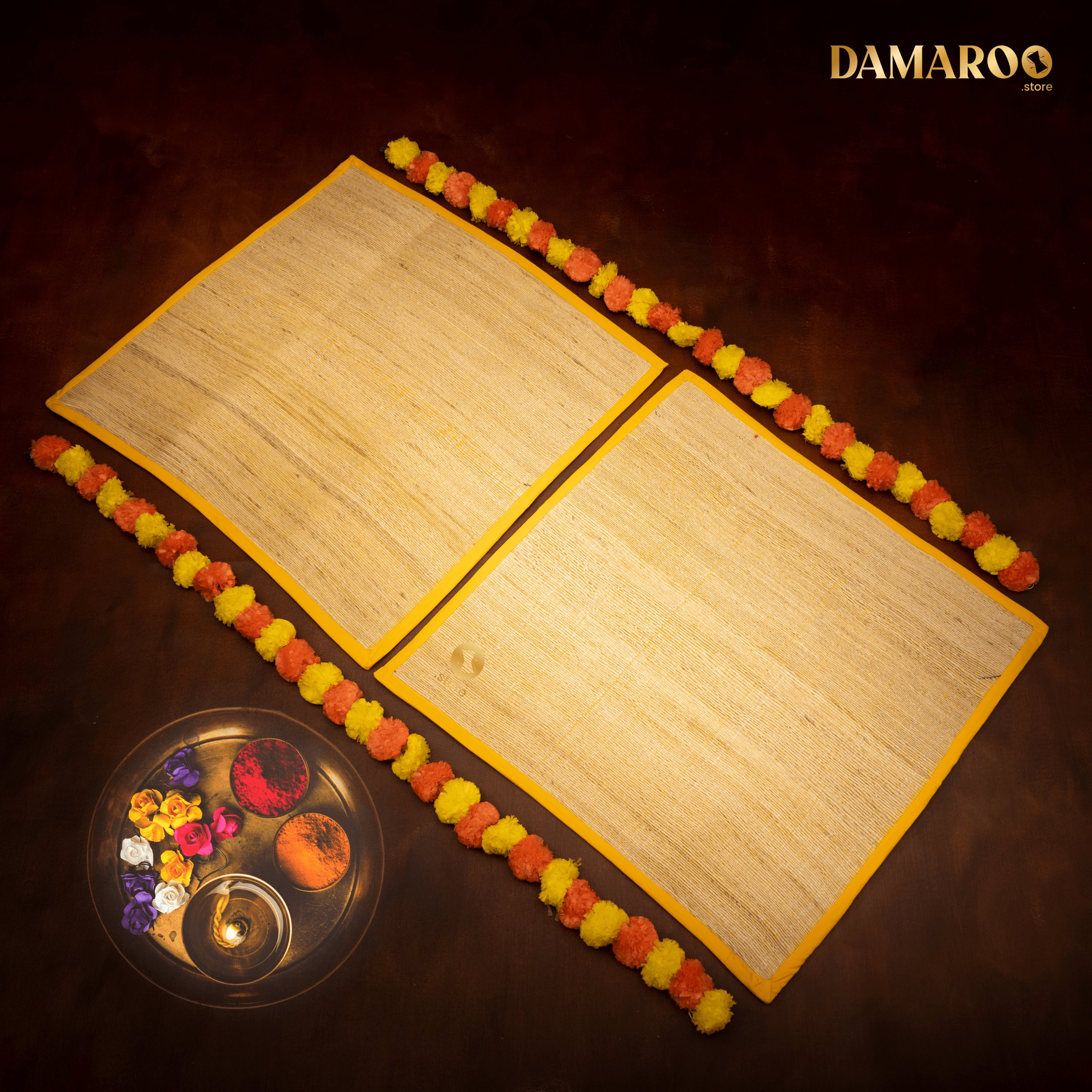 Damaroo Set of 2 | 2x2 ft | Haldi-Kumkum Anti Skid Banana Fiber Pooja Aasan - Turmeric Yellow - Distacart