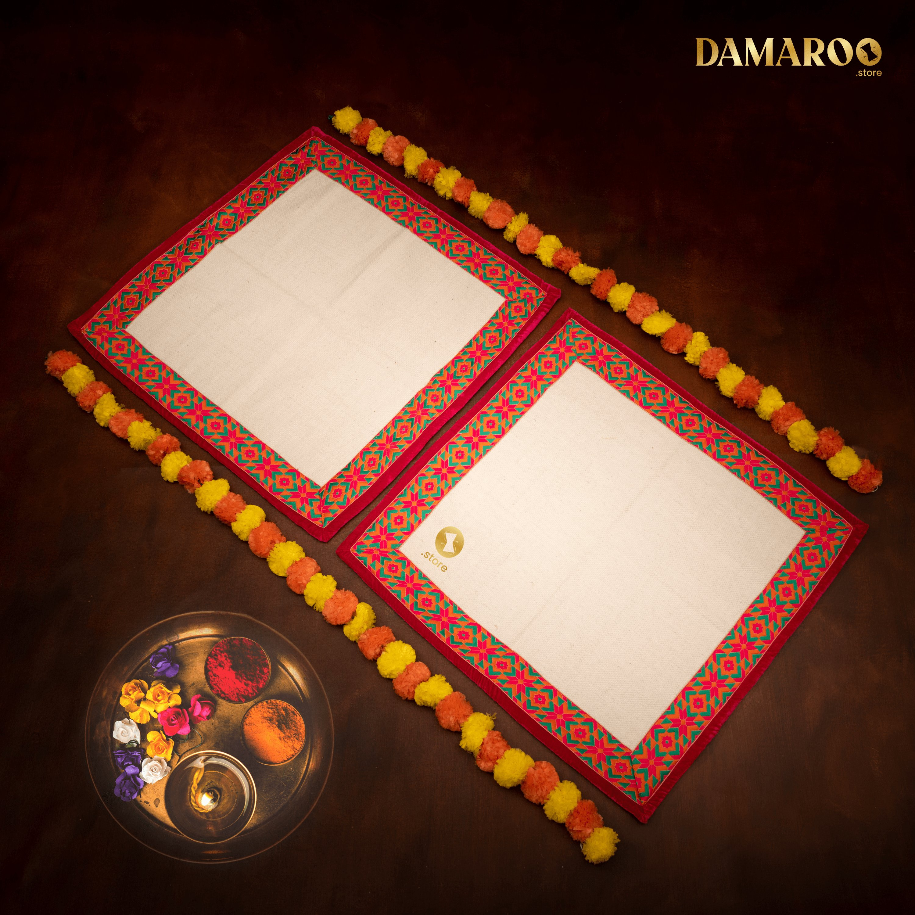 Damaroo Set of 2 | 2x2 ft Natural & Eco-Friendly Cotton Durry Pooja Aasan - Pink - Distacart