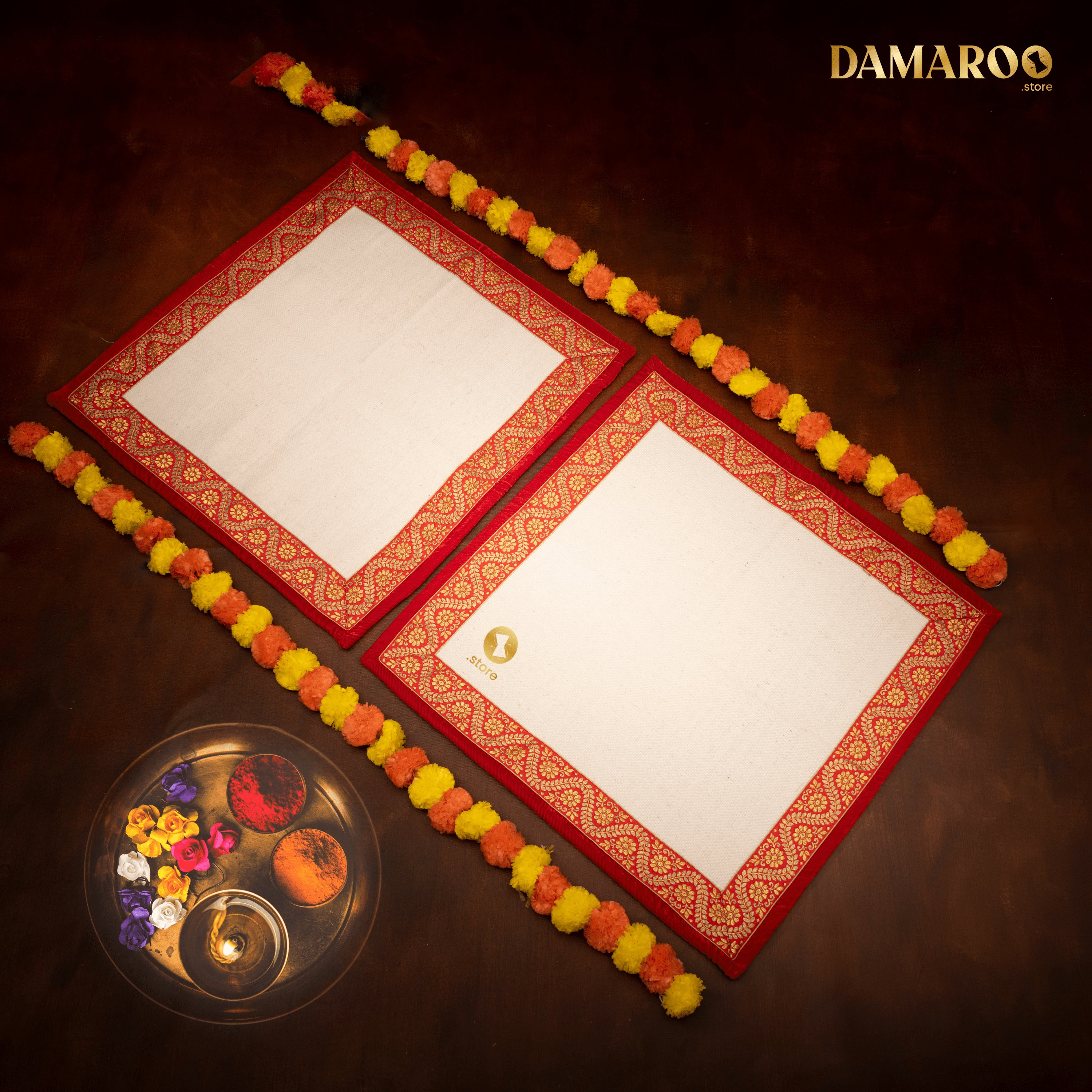 Damaroo Set of 2 | 2x2 ft Natural & Eco-Friendly Cotton Durry Pooja Aasan - Red - Distacart