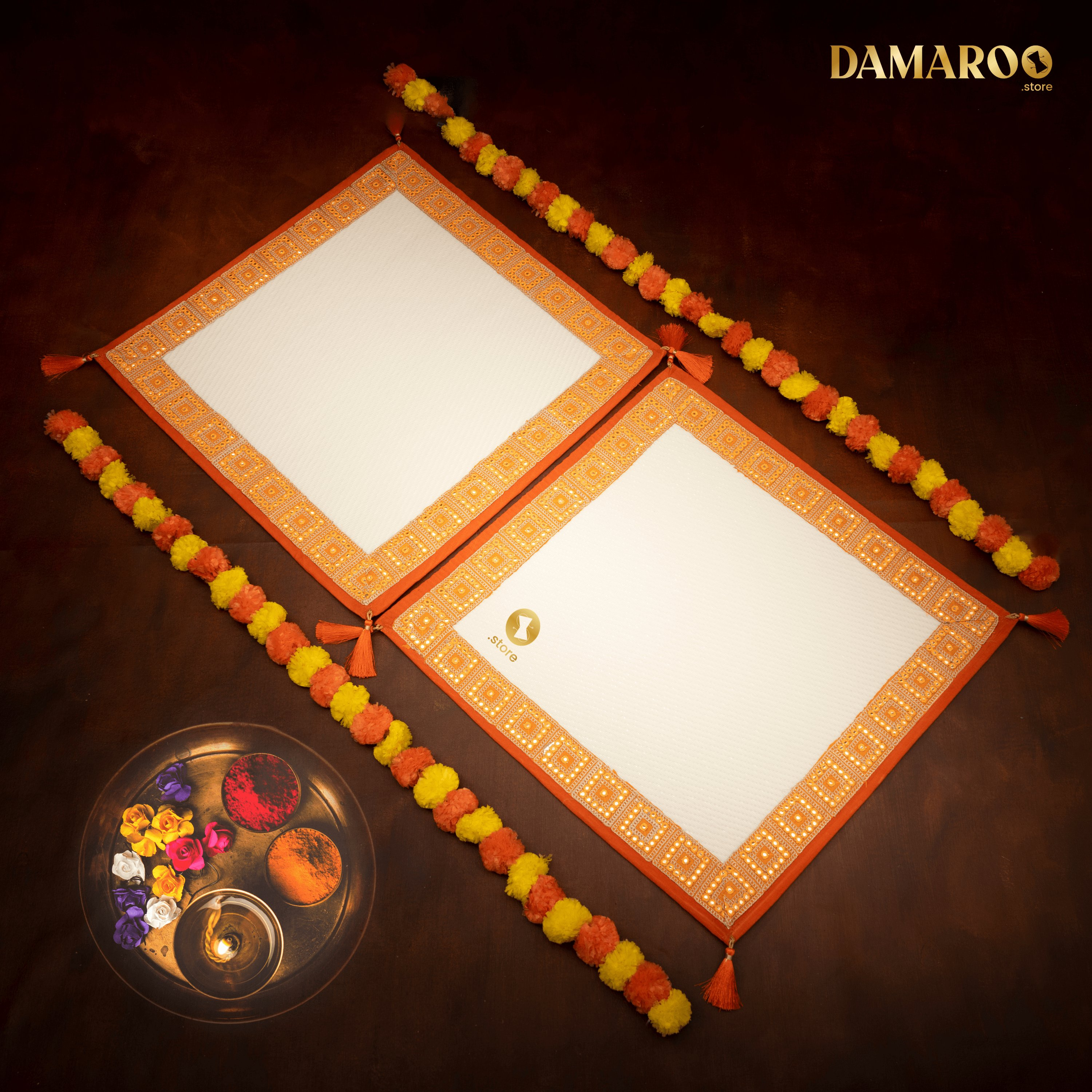 Damaroo Set of 2 | 2x2 ft | Artisanal Nylon Pooja Aasan | Kesariya Trim & Tassels - Cream - Distacart