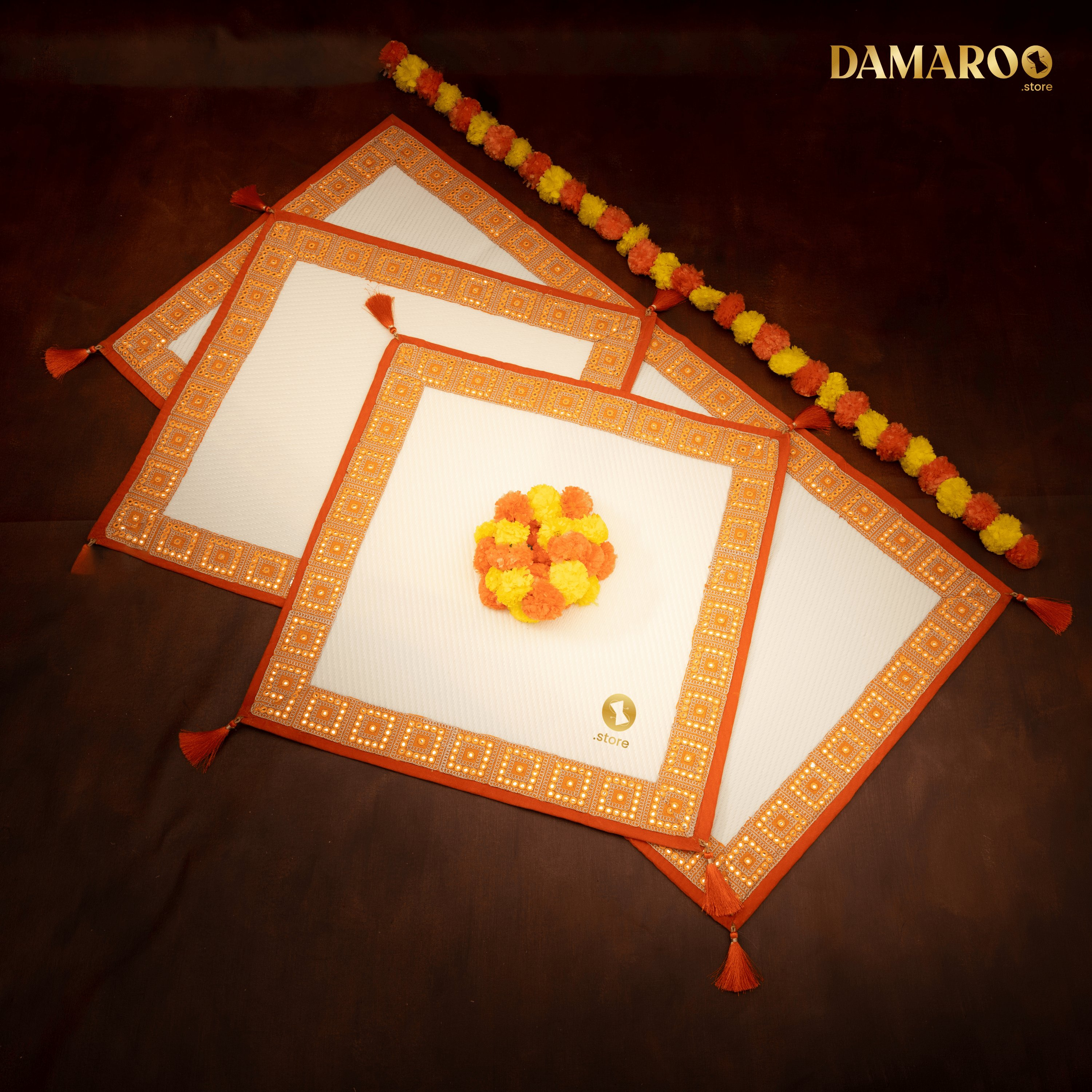 Damaroo Combo Pack of 3 | Artisanal Nylon Pooja Aasan & Mat | Kesariya Trim & Tassels - Cream - Distacart