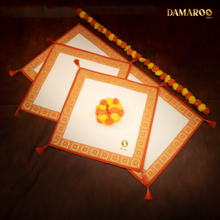 Damaroo Combo Pack of 3 | Artisanal Nylon Pooja Aasan & Mat | Kesariya Trim & Tassels - Cream - Distacart