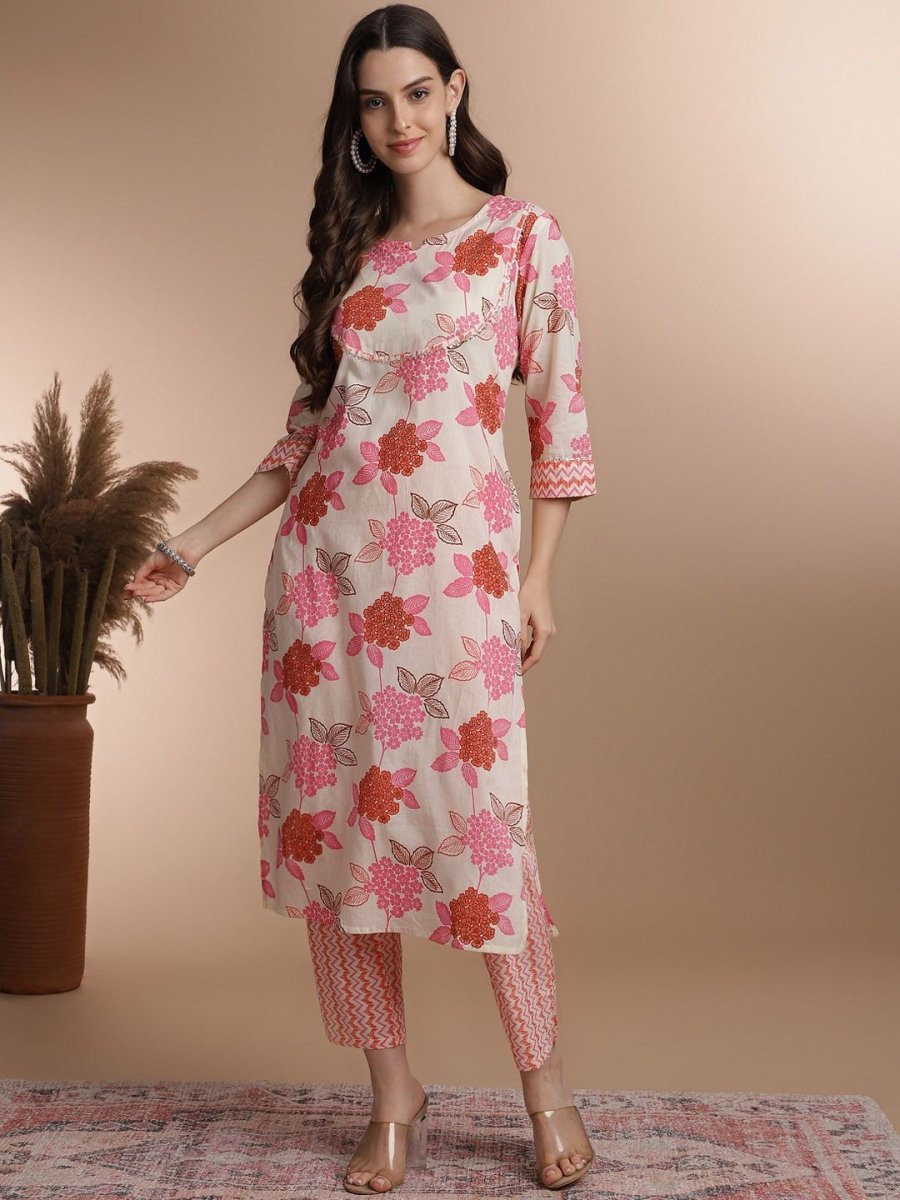 Anouk Floral Printed Regular Pure Cotton Kurta With Trousers - Distacart