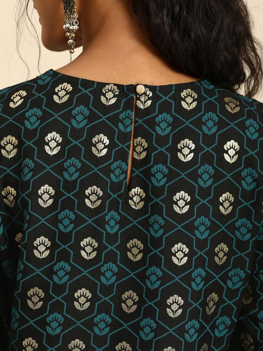 All About You Women Black & Gold-Toned Floral Printed Regular Kurta with Trousers - Distacart