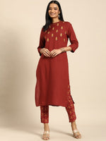 Thumbnail for All About You Women Red Floral Embroidered Regular Thread Work Kurta with Trousers - Distacart