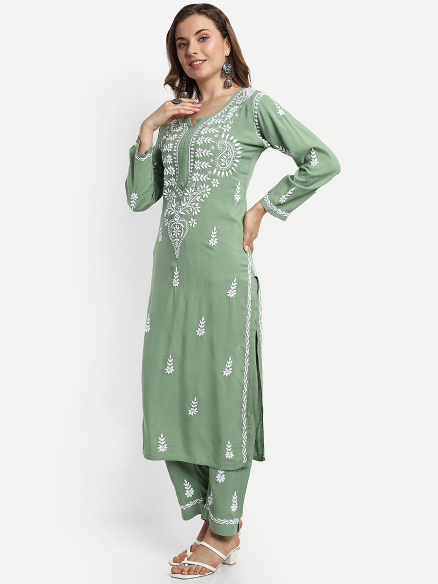 ADA Ethnic Motifs Embroidered Chikankari Kurta with Trousers - Distacart