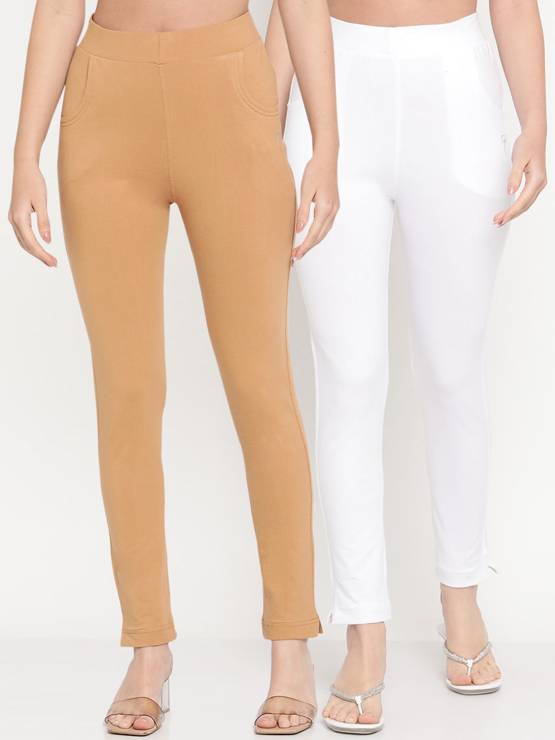 TAG 7 Women Set of 2 Beige & White Ankle Length Leggings - Distacart
