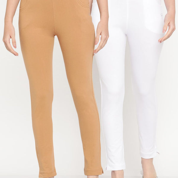 TAG 7 Women Set of 2 Beige & White Ankle Length Leggings - Distacart