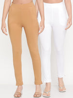Thumbnail for TAG 7 Women Set of 2 Beige & White Ankle Length Leggings - Distacart