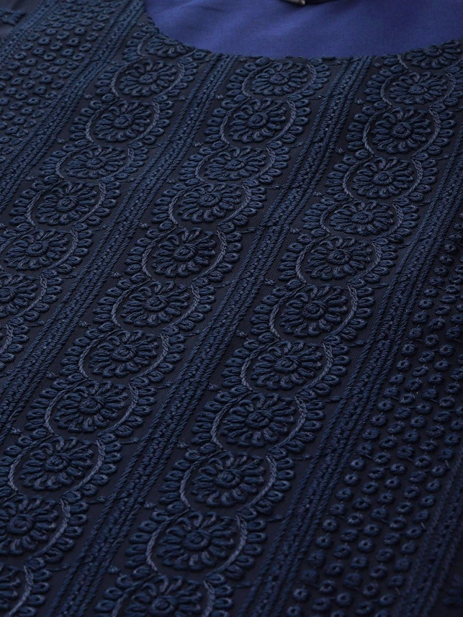 Anouk Women Navy Blue Chikankari Embroidered Kurta with Palazzos - Distacart